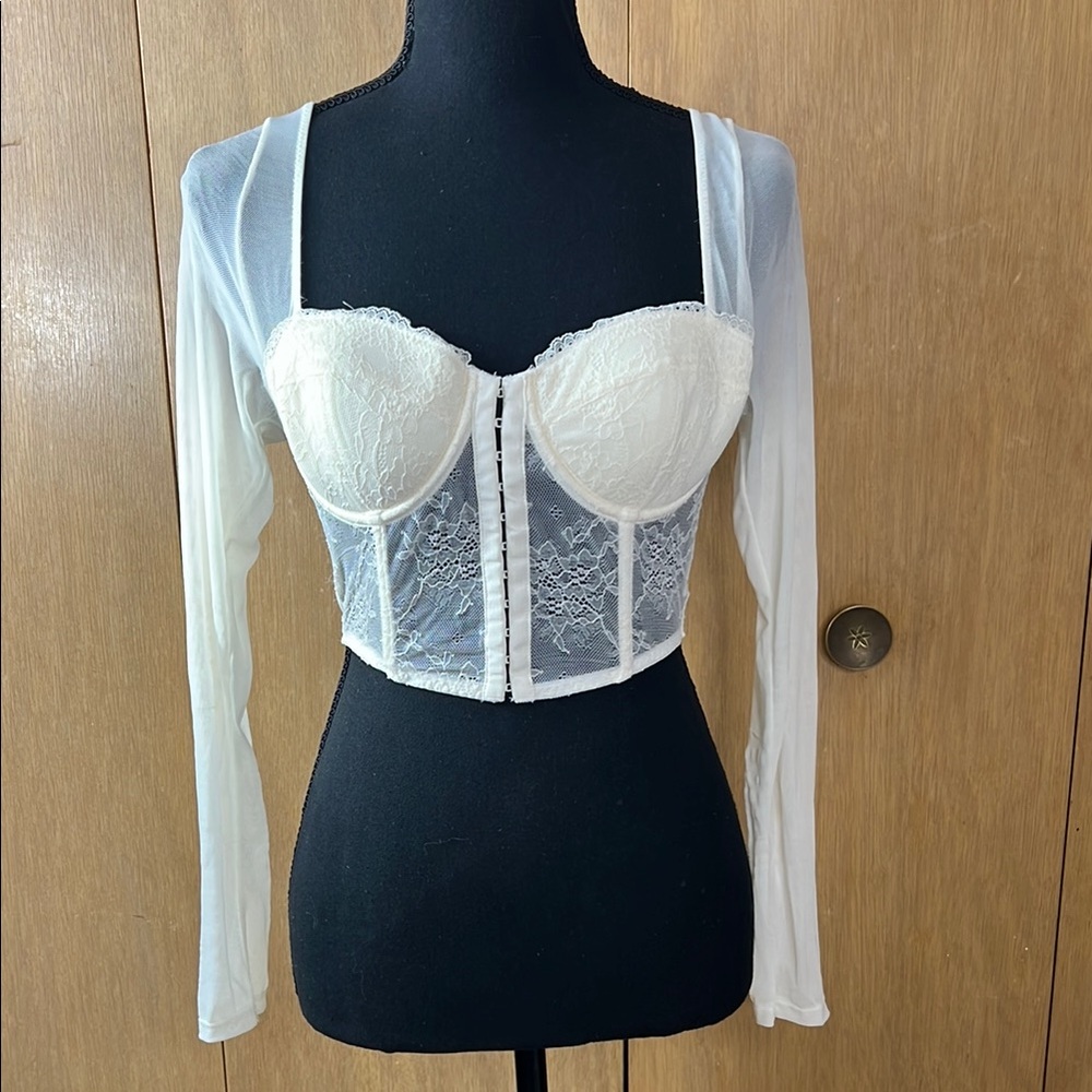 Sincerely Jules Off-White Sheer and Lace Long Sleeve Top